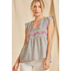 Savanna Jane Blouse Womens 1X Gray Pink Embroidered Flutter Sleeve Stripes